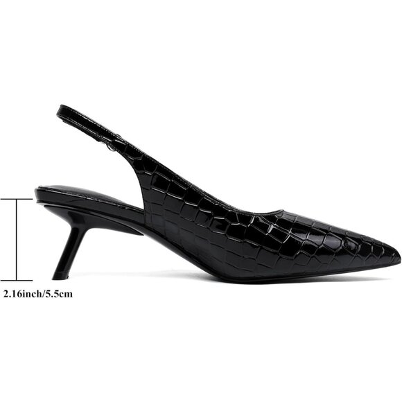 Black Croc Pointed Toe Leather Low Heel Slingback Heels with Buckle Dress Shoe - Picture 2 of 9